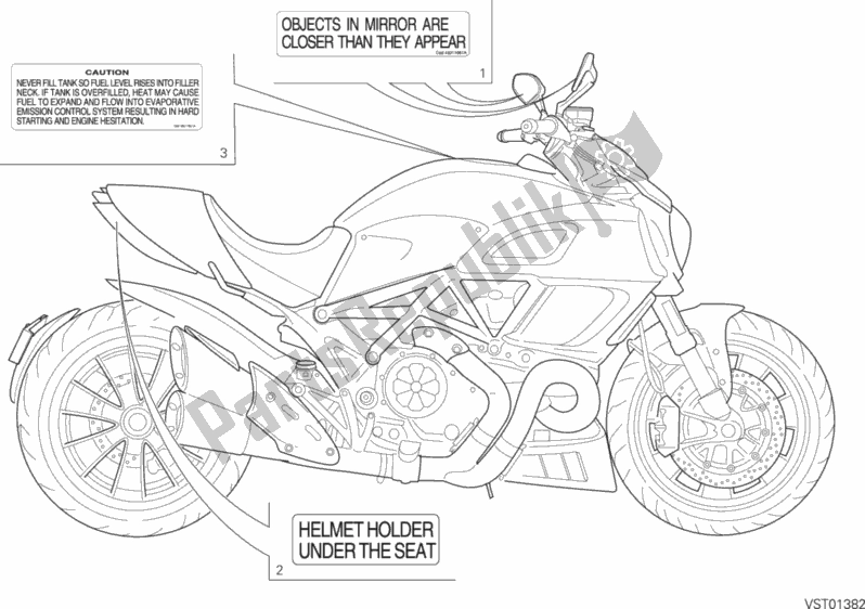Tutte le parti per il Etichetta, Avvertenza del Ducati Diavel Titanium USA 1200 2015
